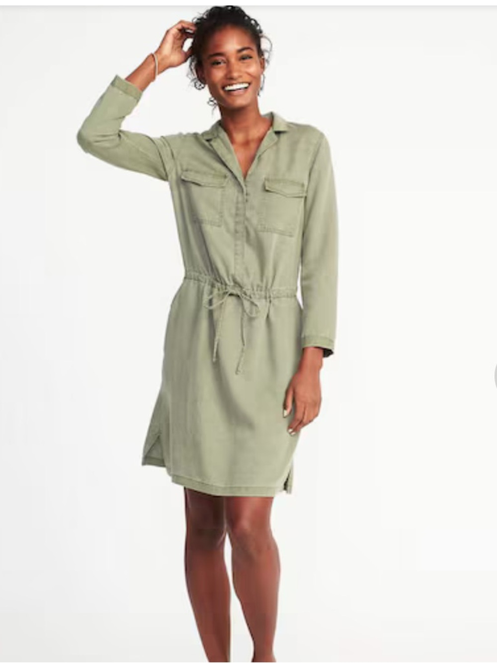 Old Navy Women’s Olive Green Tencel Tie-Belt Long-Sleeve Utility Shirt Dress NWT